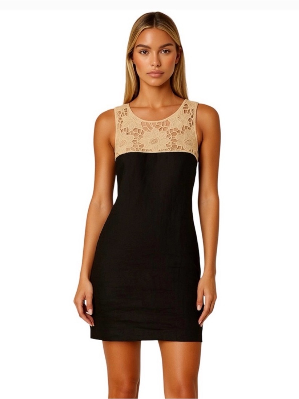 Ann Taylor LOFT Black Linen Dress with Beige Crochet Yoke Size 12